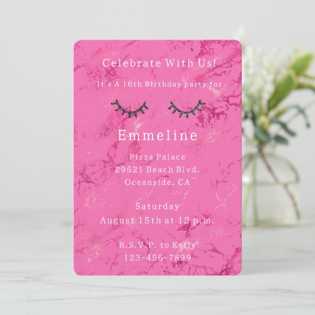 Glitzy Black Glitter Eyelash Rosa Birthday Inbjudningar (Stående Fram)