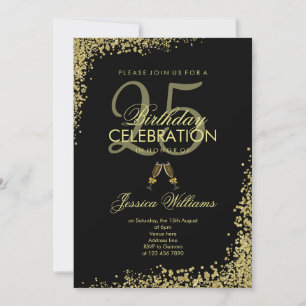 Glitzy Black & Guld "Champagne Toast" Birthday Inbjudningar
