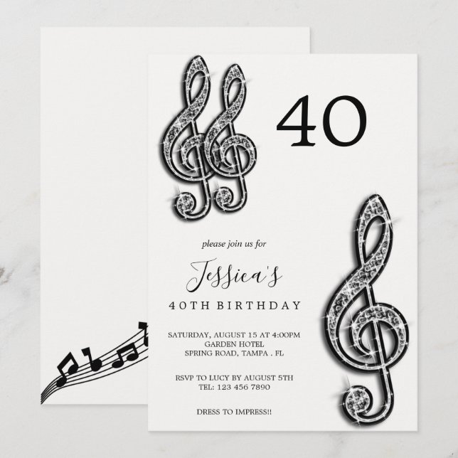 Glitzy Black Musik noter Birthday Inbjudningar (Fram/baksida)