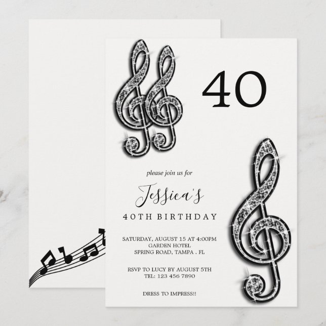 Glitzy Black Musik noter Birthday Inbjudningar (Fram/baksida)