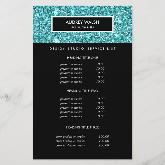 Glitzy Blue Glitter Salongs Priser & Tjänster Flygblad (Framsidan)
