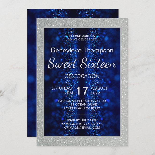 Glitzy Blue Sweet sixteen Party-inbjudan Inbjudningar (Fram/baksida)