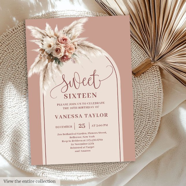Glitzy Boho-båge Pastell Rosa Pampas Blommig Sexto Inbjudningar (Glitzy Boho Arch Pastel Pink Pampas Floral Sixteen)