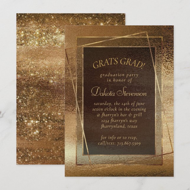 Glitzy Foil | Golden Bronze Copper Glam Studenten Inbjudningar (Fram/baksida)