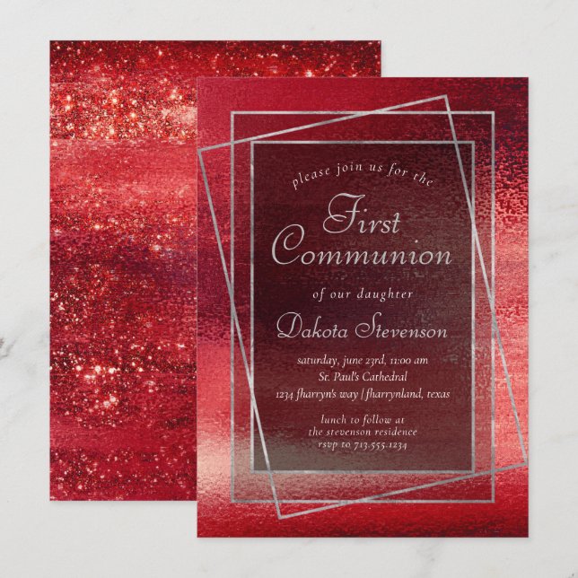 Glitzy Foil | Henna Crimson Red First Communion Inbjudningar (Fram/baksida)