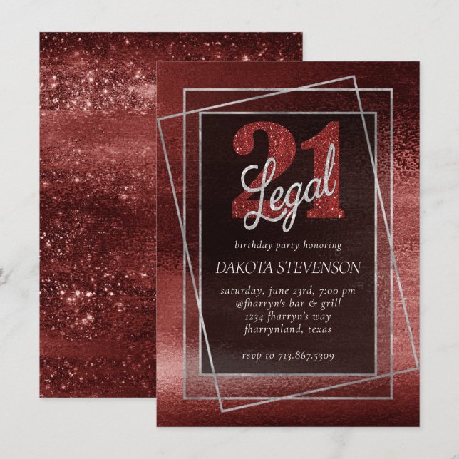 Glitzy Foil | Henna Crimson Red Glam 21 och Legal Inbjudningar (Fram/baksida)
