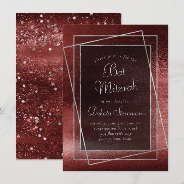 Glitzy Foil | Henna Crimson Red Pub eller Bat mitz Inbjudningar (Fram/baksida)