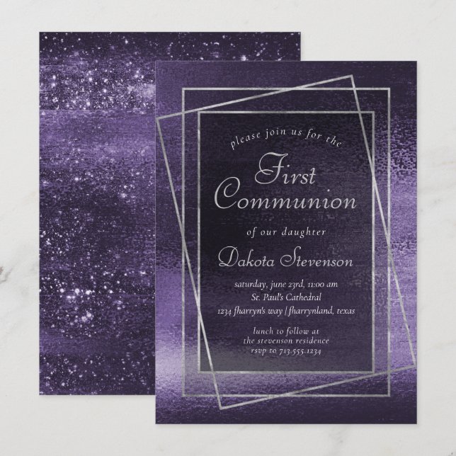 Glitzy Foil | Indigo Midnight Lila 1:a kommissione Inbjudningar (Fram/baksida)