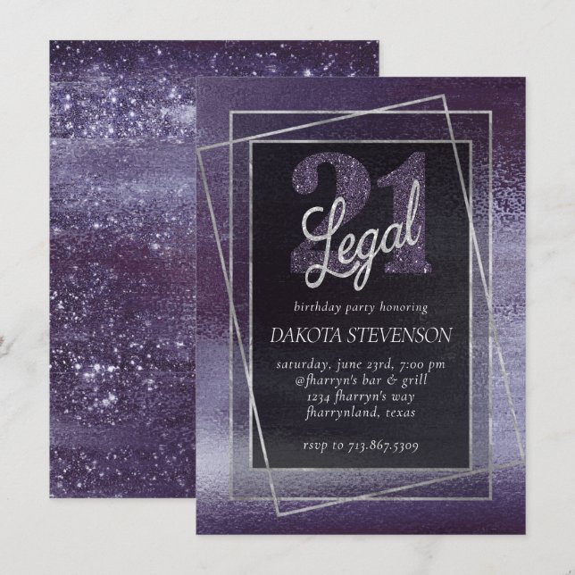 Glitzy Foil | Indigo Midnight Lila 21 och Legal Inbjudningar (Fram/baksida)