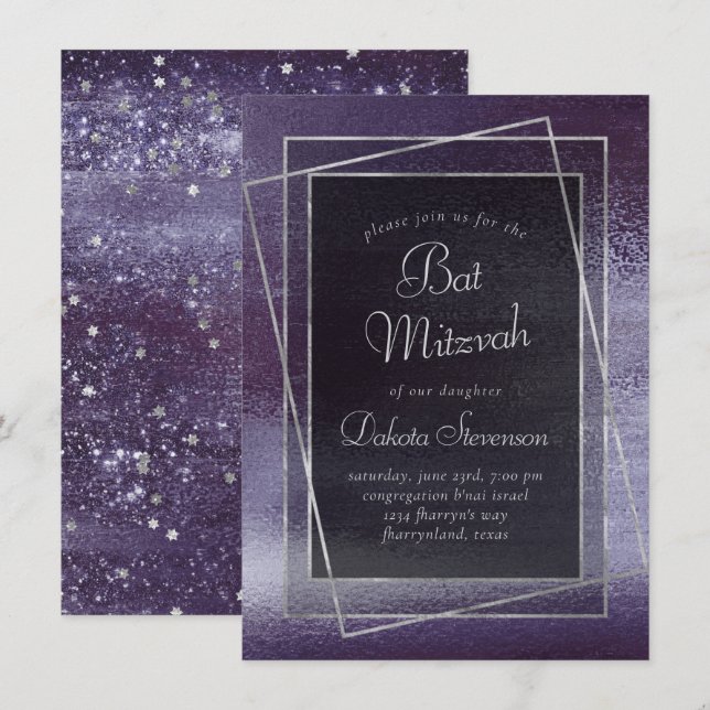 Glitzy Foil | Indigo Midnight Lila Bat mitzvah Inbjudningar (Fram/baksida)