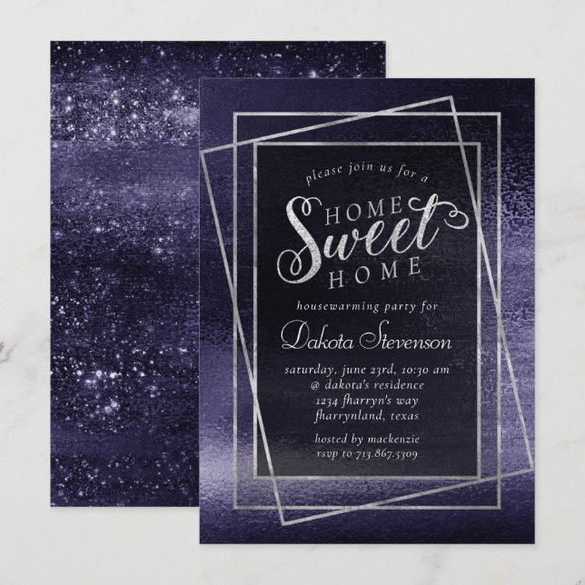 Glitzy Foil | Indigo Midnight Lila Faux Shimmer Inbjudningar (Fram/baksida)