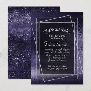Glitzy Foil Indigo Midnight Lila Quinceanera Inbjudningar