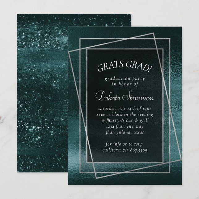 Glitzy Foil | Midnight Teal Mörk Glam Studenten Inbjudningar (Fram/baksida)