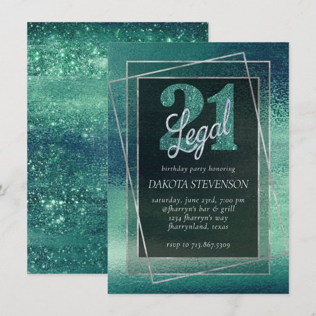 Glitzy Foil | Seafoam Iridescent 21 och Legal Inbjudningar (Fram/baksida)