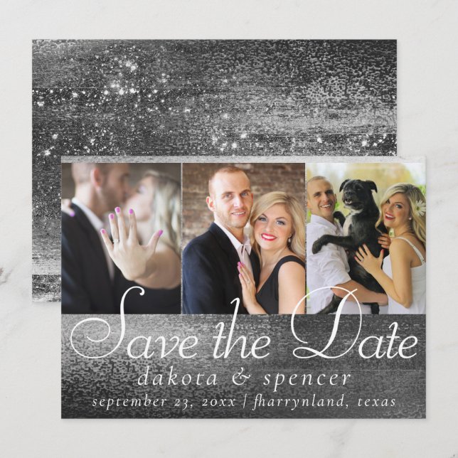 Glitzy Foil | Silver Platinum Faux Chrome 3 Photo Spara Datumet (Fram/baksida)