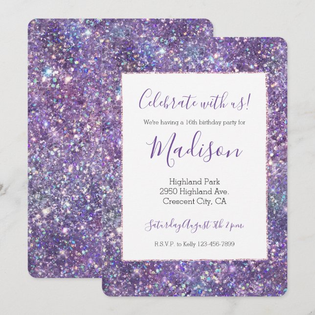 Glitzy Girly Glam Lila Gnistra Glitter Inbjudningar (Fram/baksida)