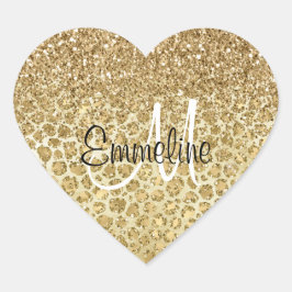 Glitzy Glam Guld Glitter Leopard Skriv ut Monogram Hjärtformat Klistermärke