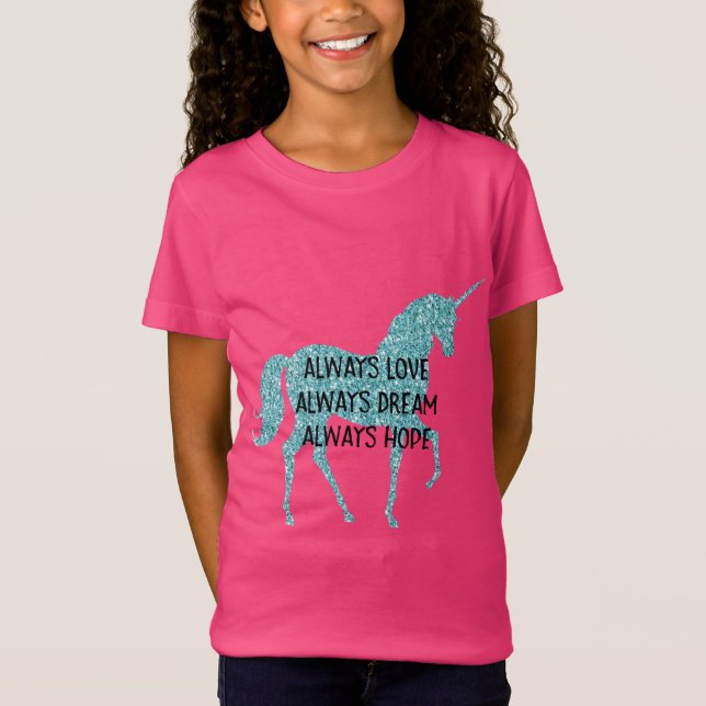 Glitzy Glitter Aqua Unicorn - inspirationcitat T Shirt (Framsida)