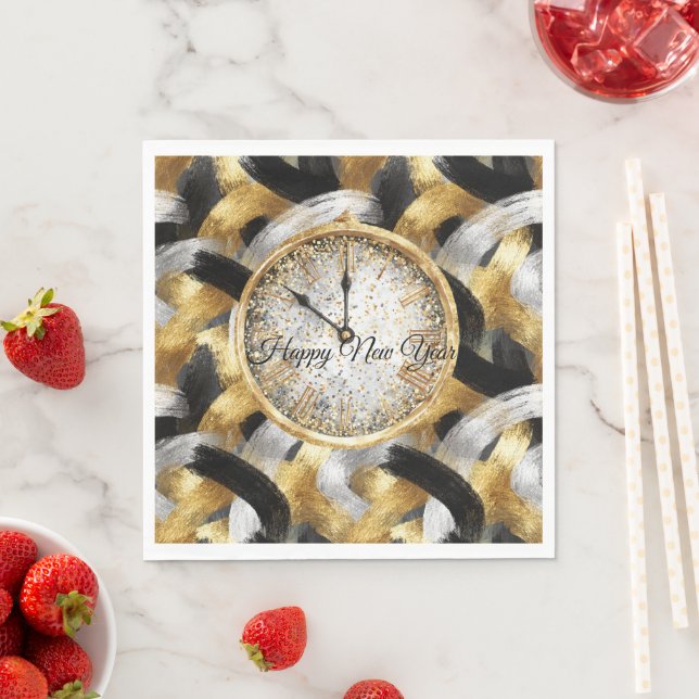Glitzy Gold Silver Black New Year's Clock Pappersservett (Insitu)