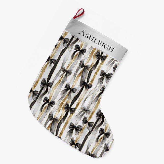 Glitzy Gold Silver Black Ribbons Bows Christmas Stor Julstrumpa (Framsidan (Hängande))