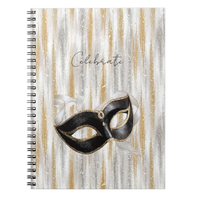 Glitzy Gold Silver Celebrate Mask Anteckningsbok (Framsidan)