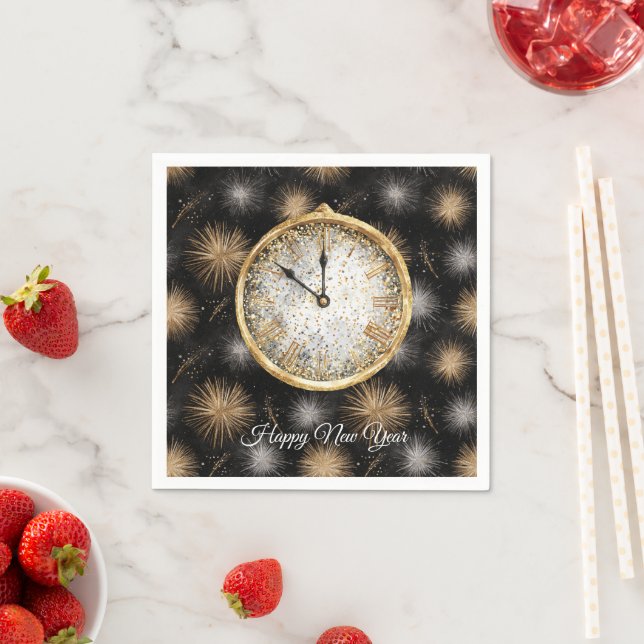 Glitzy Gold Silver Fireworks New Year's Clock Pappersservett (Insitu)