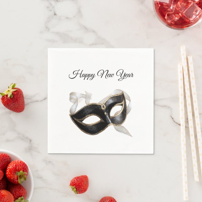 Glitzy Gold Silver New Year Black Mask Pappersservett (Insitu)
