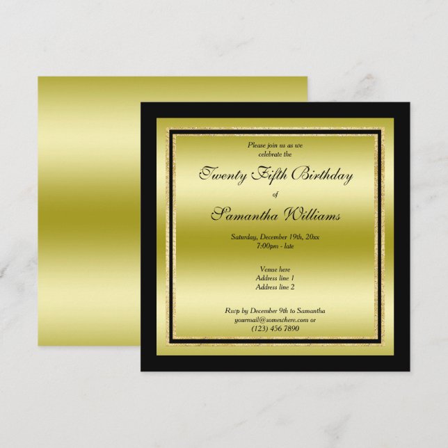 Glitzy Guld & Black Framed Birthday Inbjudningar (Fram/baksida)