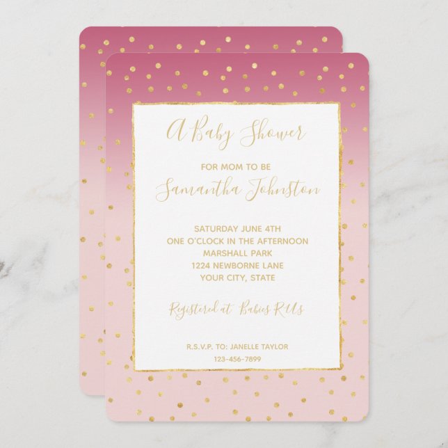 Glitzy Guld Confetti Rosa Ombre Baby Shower Inbjudningar (Fram/baksida)