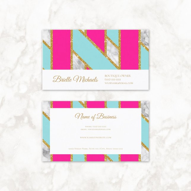 Glitzy Guld Glitter Rosa Blue Rand och Marble Visitkort (Glitzy Gold Glitter Pink Blue Stripes and Marble Business Cards)
