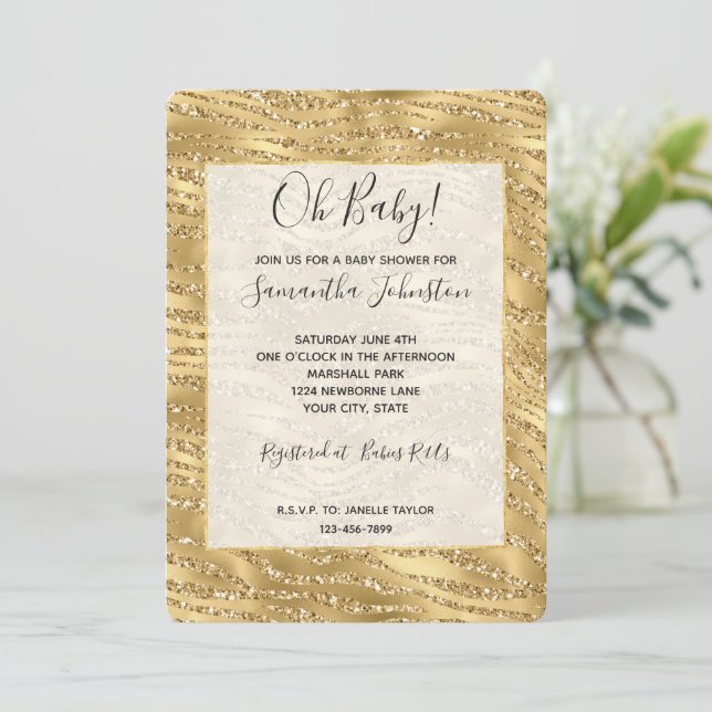 Glitzy Guld Glitter Zebra Baby Shower Inbjudningar (Stående Fram)