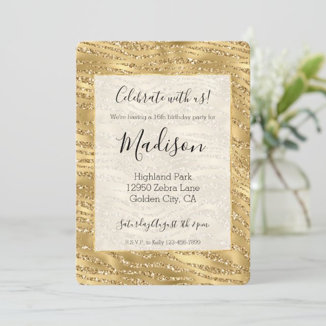 Glitzy Guld Glitter Zebra tryck Inbjudningar (Stående Fram)