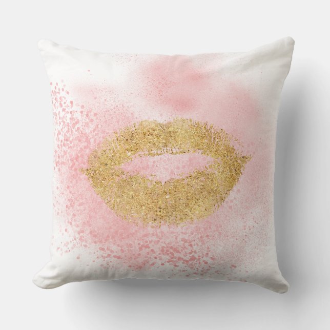 Glitzy Guld Läppar Rosa Confetti Kiss Kudde (Framsida)