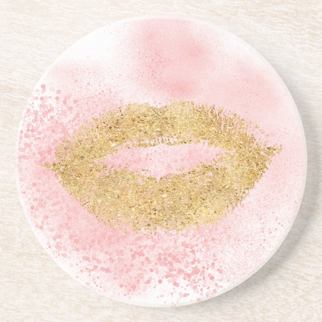 Glitzy Guld Läppar Rosa Confetti Kiss Underlägg (Framsidan)