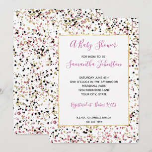 Glitzy Guld Rosa Black Confetti Dots Baby Shower Inbjudningar