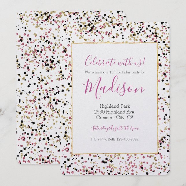 Glitzy Guld Rosa Black Confetti Dots Birthday Inbjudningar (Fram/baksida)