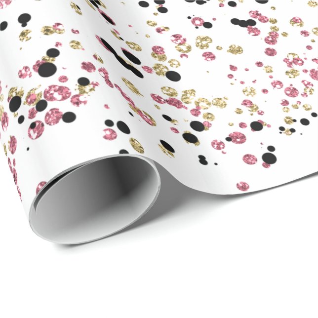 Glitzy Guld Rosa Black Confetti Dots Presentpapper (Rullad Hörn)