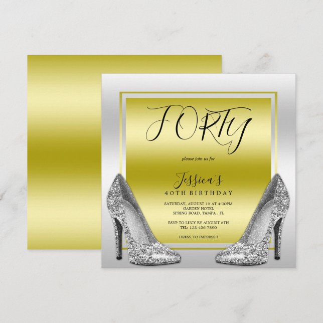 Glitzy Guld & Silver Stilettos 40:e födelsedagen Inbjudningar (Fram/baksida)