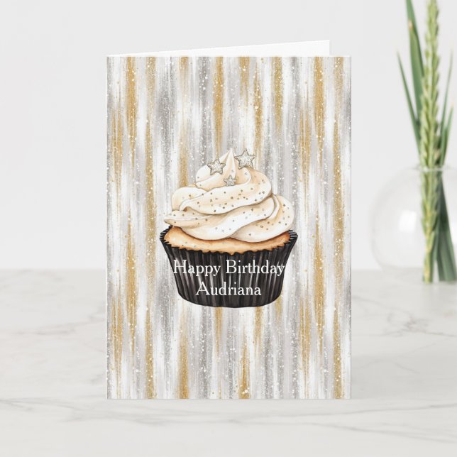 Glitzy Guld Silver Stjärnor Cupcake Födelsedag Kort (Framsida)