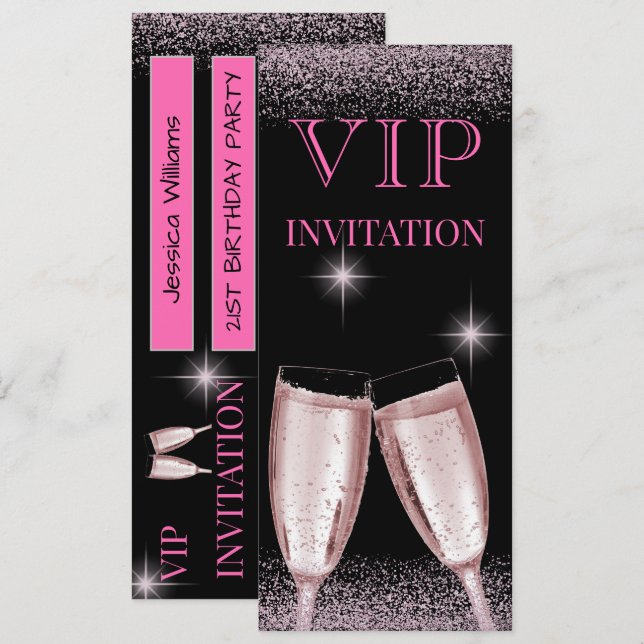 Glitzy Hot Pink VIP Födelsedagsfest Inbjudningar (Fram/baksida)