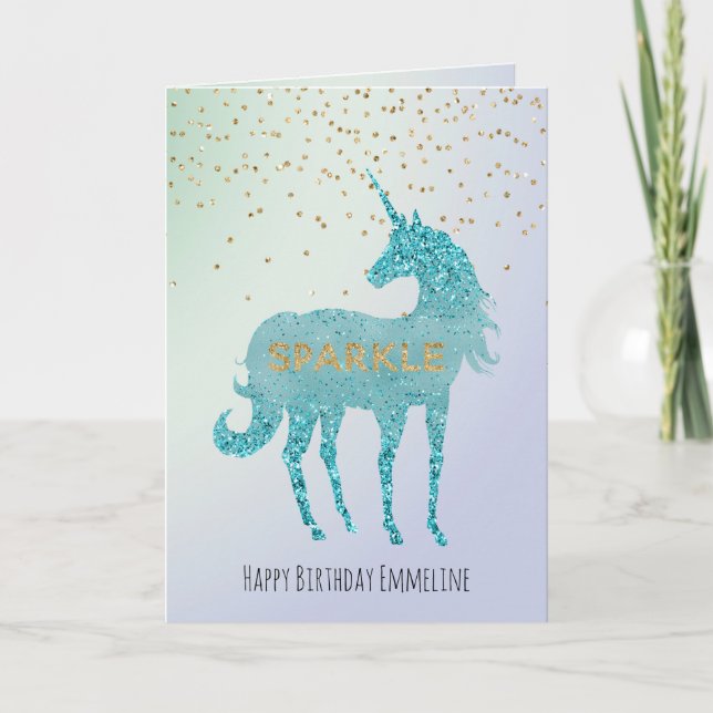 Glitzy Lila Aqua Gnistra Unicorn Namn Kort (Framsida)