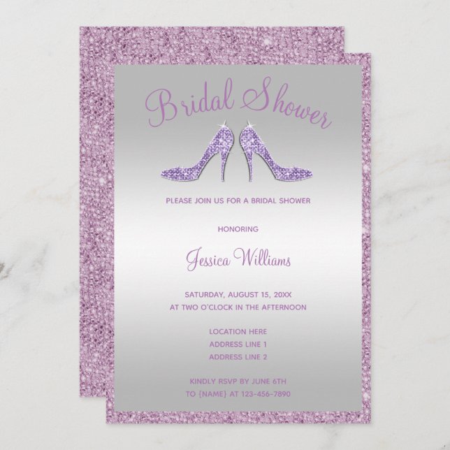 Glitzy lila Sequins & stilettmöhippa Inbjudningar (Fram/baksida)