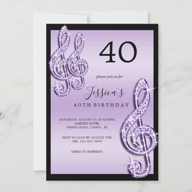 Glitzy Lilac Musik noter Birthday Inbjudningar (Framsida)