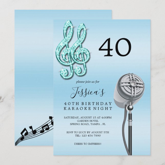 Glitzy Music Note & Microphone Karaoke Birthday in Inbjudningar (Fram/baksida)