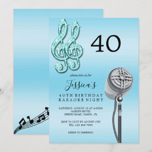 Glitzy Music Note & Microphone Karaoke Birthday in Inbjudningar