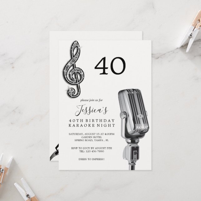 Glitzy Music Note & Microphone Karaoke Birthday Inbjudningar (Fram/Back In Situ)