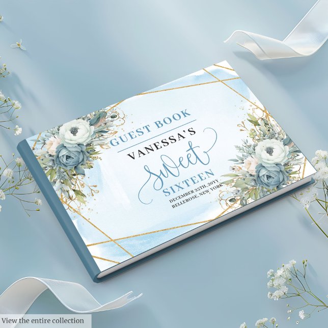 Glitzy Pastel Blue White Guld Flowers Sweet 16:e Gästböcker (Glitzy Pastel Blue White Gold Flowers Sweet Sixteen Guest Book)