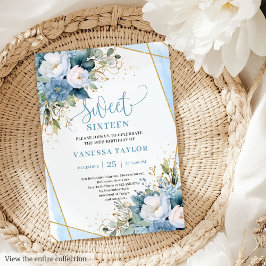 Glitzy Pastel Blue White Guld Flowers Sweet 16 Inbjudningar