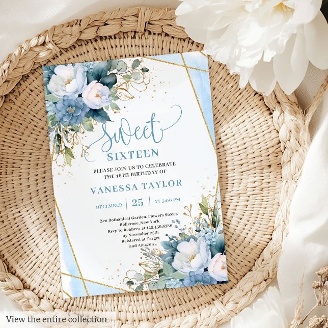 Glitzy Pastel Blue White Guld Flowers Sweet 16 Inbjudningar (Glitzy Pastel Blue White Gold Flowers Sweet 16 Invitation)