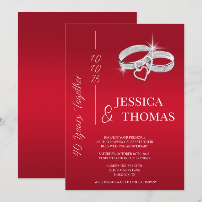 Glitzy Posh 40:e Ruby Bröllop-årsdagen Inbjudningar (Fram/baksida)